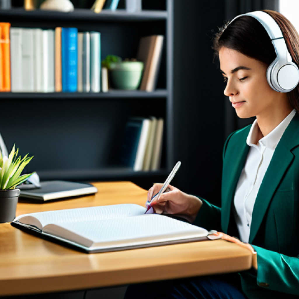 A professional individual, fully clothed in modest, contemporary business casual attire, seated comfortably and calmly in a sunlit, modern home office or study. They are wearing subtle, wireless headphones, deep in focus, perhaps taking notes in a journal or contemplating quietly. The space is tidy, features a well-organized bookshelf filled with books and a few vibrant green plants, creating a peaceful and inspiring atmosphere. The lighting is soft and natural, emphasizing a sense of calm and introspection. Perfect anatomy, correct proportions, natural pose, well-formed hands, proper finger count, natural body proportions. High-resolution, professional photography, soft ambient lighting, safe for work, appropriate content, fully clothed, family-friendly.