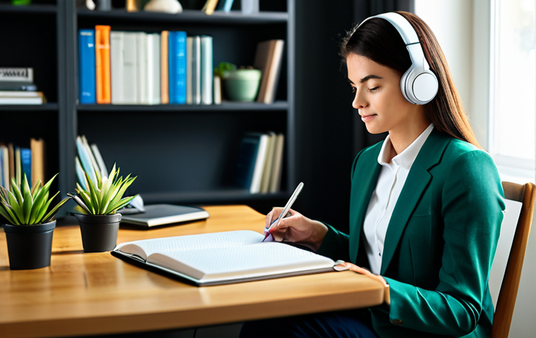 A professional individual, fully clothed in modest, contemporary business casual attire, seated comfortably and calmly in a sunlit, modern home office or study. They are wearing subtle, wireless headphones, deep in focus, perhaps taking notes in a journal or contemplating quietly. The space is tidy, features a well-organized bookshelf filled with books and a few vibrant green plants, creating a peaceful and inspiring atmosphere. The lighting is soft and natural, emphasizing a sense of calm and introspection. Perfect anatomy, correct proportions, natural pose, well-formed hands, proper finger count, natural body proportions. High-resolution, professional photography, soft ambient lighting, safe for work, appropriate content, fully clothed, family-friendly.