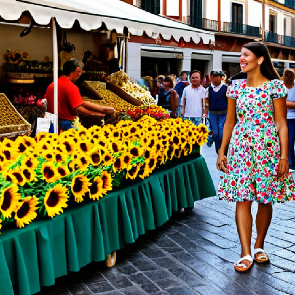 **
A vibrant, bustling scene in a Madrid marketplace. A fully clothed woman, dressed in a colorful, modest summer dress and espadrilles, is browsing a flower stall overflowing with sunflowers and carnations. The market is full of people, all appropriately dressed. In the background, you can see traditional Spanish architecture. Perfect anatomy, correct proportions, natural pose, well-formed hands, proper finger count, safe for work, appropriate content, fully clothed, professional, family-friendly.
**