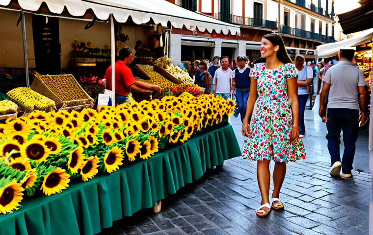 **
A vibrant, bustling scene in a Madrid marketplace. A fully clothed woman, dressed in a colorful, modest summer dress and espadrilles, is browsing a flower stall overflowing with sunflowers and carnations. The market is full of people, all appropriately dressed. In the background, you can see traditional Spanish architecture. Perfect anatomy, correct proportions, natural pose, well-formed hands, proper finger count, safe for work, appropriate content, fully clothed, professional, family-friendly.
**