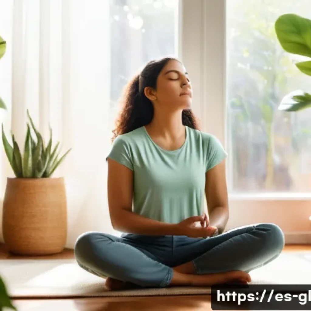 자기 위로를 위한 스스로 다독이는 기술 - A serene indoor scene of a young Hispanic woman practicing conscious breathing in a cozy, sunlit liv...