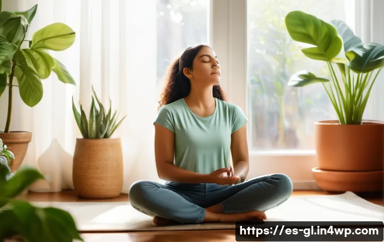 자기 위로를 위한 스스로 다독이는 기술 - A serene indoor scene of a young Hispanic woman practicing conscious breathing in a cozy, sunlit liv...