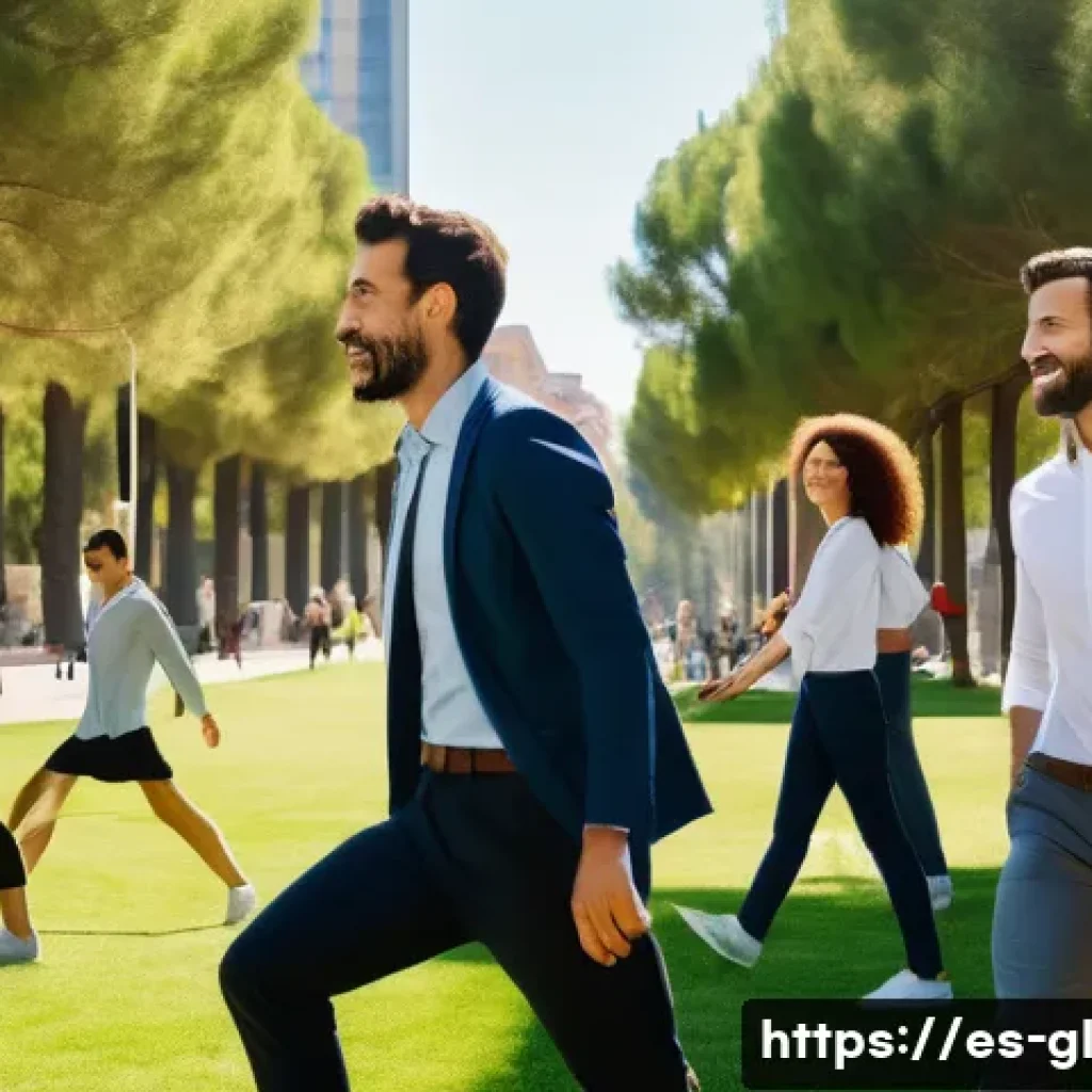 자기 위로와 직업적 스트레스 관리 - A modern Spanish office environment showing diverse professionals in business casual attire practici...