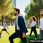 Home 21 자기 위로와 직업적 스트레스 관리 - A modern Spanish office environment showing diverse professionals in business casual attire practici...