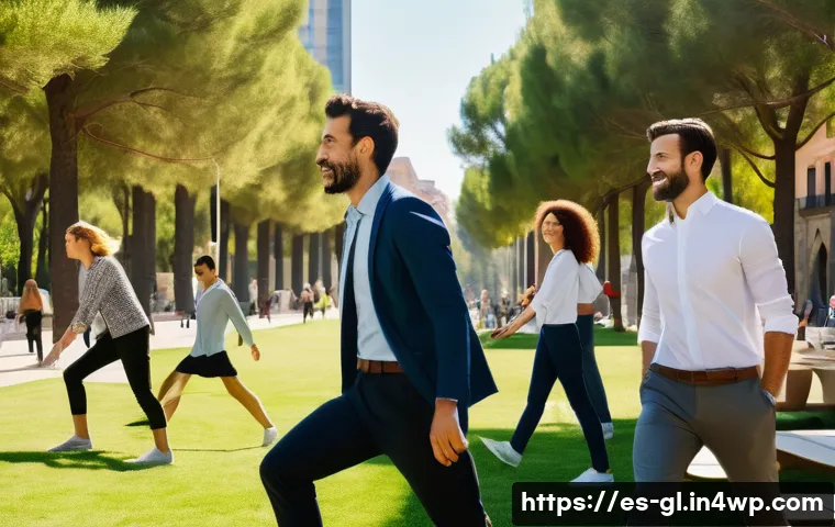 자기 위로와 직업적 스트레스 관리 - A modern Spanish office environment showing diverse professionals in business casual attire practici...