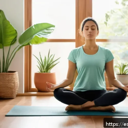 Home 32 자기 위로 기법의 실제 적용 사례 분석 - A serene indoor scene of a young adult woman practicing deep, conscious breathing while sitting cros...