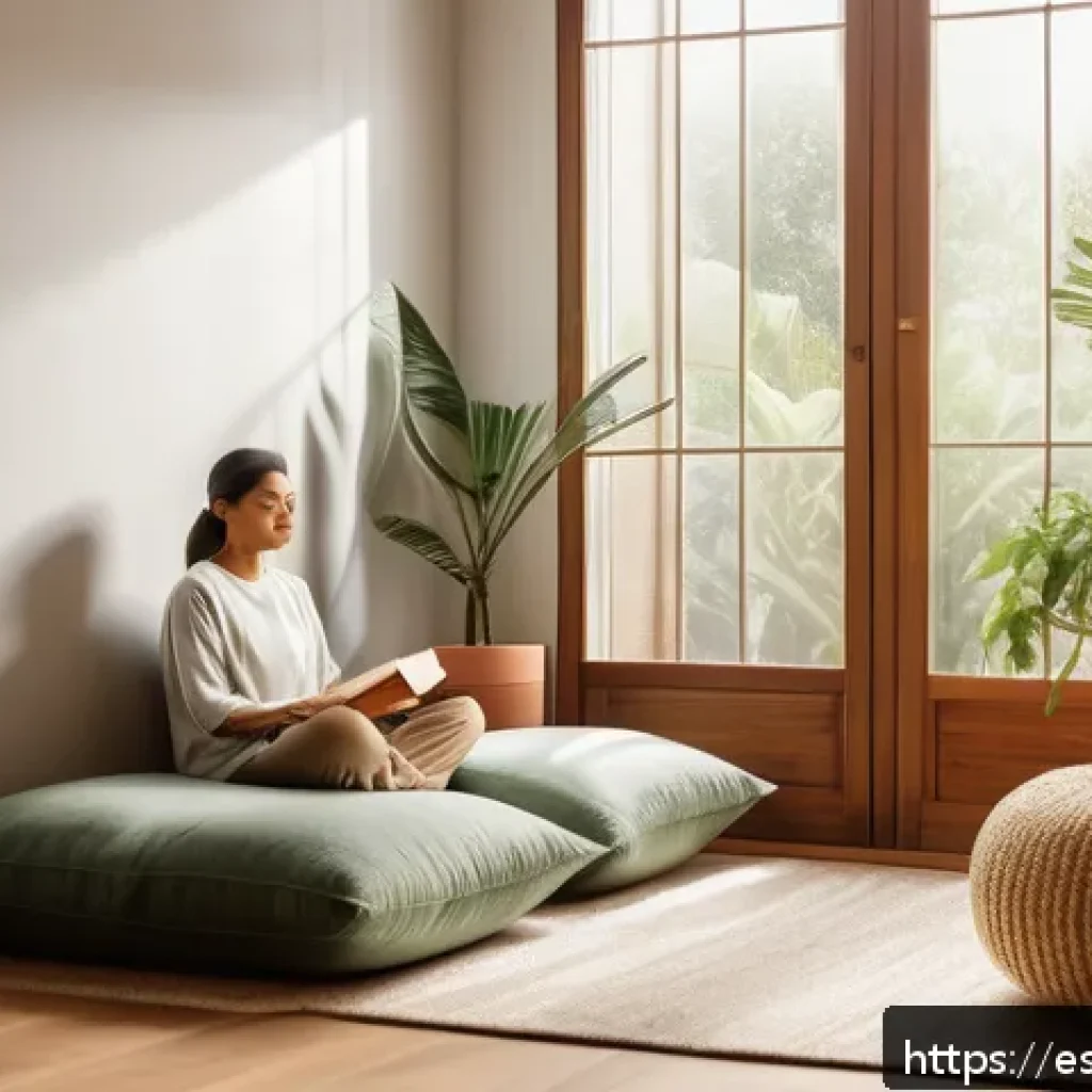 자기 위로를 위한 실질적 감정 관리 방법 - A serene indoor corner designed for emotional refuge, featuring soft warm lighting, lush green potte...