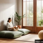Home 19 자기 위로를 위한 실질적 감정 관리 방법 - A serene indoor corner designed for emotional refuge, featuring soft warm lighting, lush green potte...