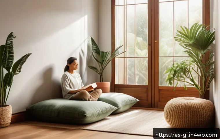 자기 위로를 위한 실질적 감정 관리 방법 - A serene indoor corner designed for emotional refuge, featuring soft warm lighting, lush green potte...