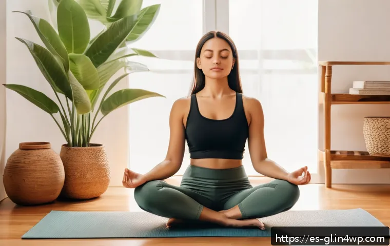 감정 회복력을 키우는 자기 위로 방법 - A serene indoor scene featuring a young adult woman sitting cross-legged on a soft yoga mat in a coz...