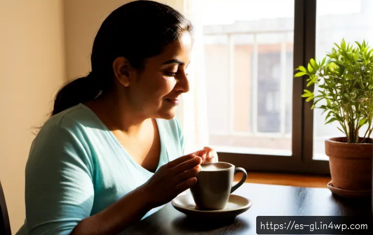 Home 17 자기 위로의 실천 사례 성공 이야기 - Photorealistic morning scene in a bright Mexico City apartment, a relaxed Hispanic woman in her 40s ...