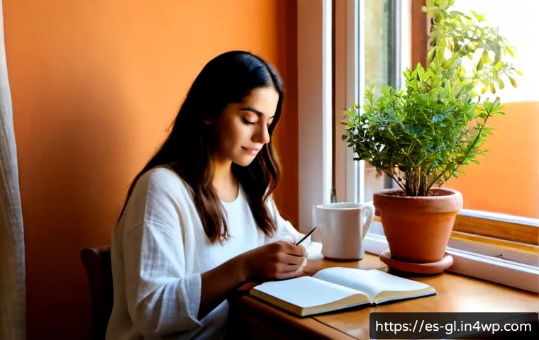 Home 17 자기 위로를 위한 자아 탐색 기법 - Photorealistic serene self-reflection scene for Spanish-speaking audiences, a thoughtful adult woman...