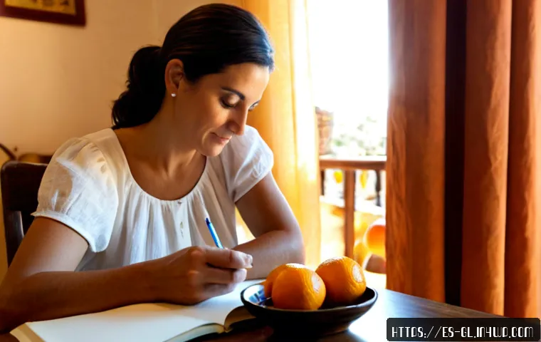Home 17 자기 위로 일기 쓰기 방법 - Photorealistic morning scene of a Spanish-speaking woman in her 40s seated at a sunlit wooden kitche...